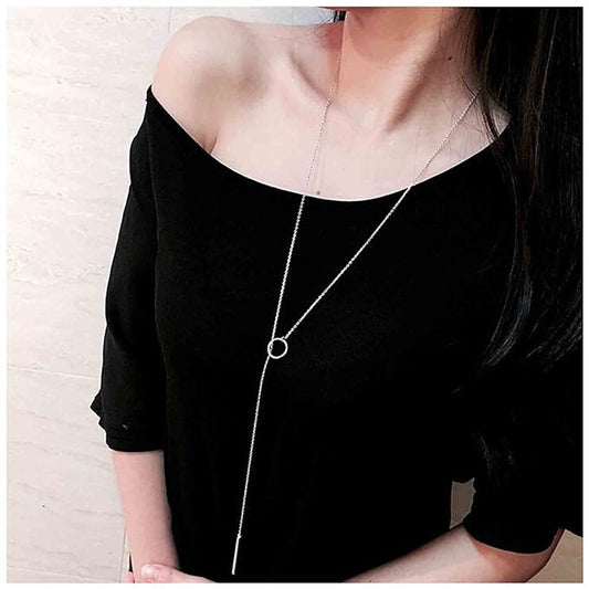 Boho Circle Bar Lariat Necklace Silver Drop Bar Y Necklace Open Circle Necklace Long Vertical Bar Necklace Chain Jewelry for Women and Girls Gifts-Velvo Beauty
