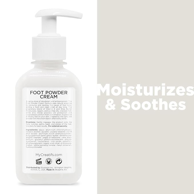 Foot Powder Cream for Dry Cracked Heels, Odor Control, and Intense Skin Hydration, 8.5 fl. oz., with Shea Butter and Vitamin E-Velvo Beauty