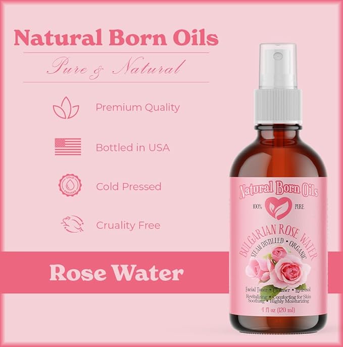 Natural Born Oils 8oz Rose Water Hydrosol, 100% Pure and Natural, Organic, Steam-distilled, Facial Toner Cleanser, with Sprayer, 8-Rose-Water-Velvo Beauty