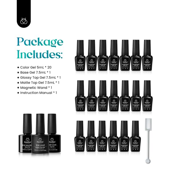 Beetles Cat Eye Gel Polish Set - 24Pcs 20 Colors Glitter Dark Color Changing Gel Nail Polish Kit with Base Gel Glossy Matte Top Coat Soak off UV DIY Nail Art Salon Ombre Black Nails Gift-Velvo Beauty