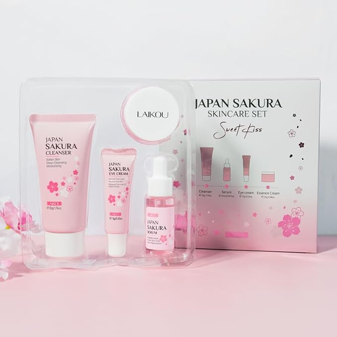 Skin Care Set JAPAN SAKURA Beauty Gift Sets Skin Care Kit with Cleanser, Serum, Eye Cream, Face Cream Travel Kit for Women Mom Wife Teen Girls Gentle Skin Cleaning TSA-friendly Sizes 4pcs-Velvo Beauty