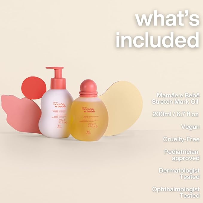 natura - Mamãe e Bebê Mom Stretch Marks Oil - Moisturizing Shower Oil - Skin Elasticity - 100% Vegan - Almond Oil - 97.3% Natural Origin - All Skin - Cruelty Free - Baby Essentials - 6.7 fl oz (200ml)-Velvo Beauty