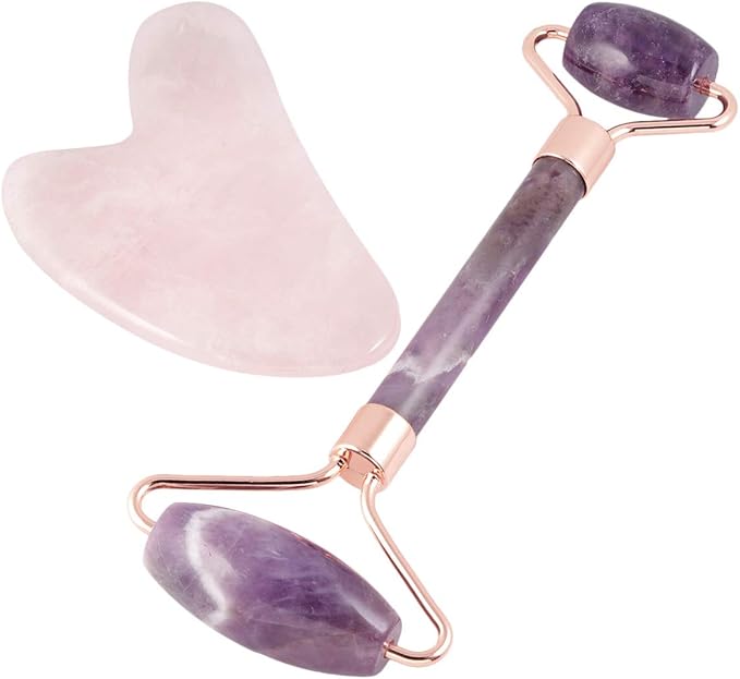 mookaitedecor Amethyst Roller & Rose Quartz Gua Sha Scraping Massage Tool Set, Face Massager for Wrinkles, Anti Aging-Velvo Beauty