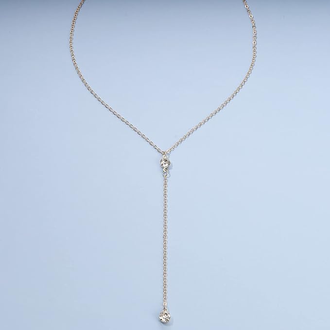 Boho Crystal Y Drop Necklace Choker Gold Long Y Necklace Chain Minimalist Cz Lariat Necklace Classic Simple Y Lariat Necklace Jewelry for Women and Girls Gifts-Velvo Beauty