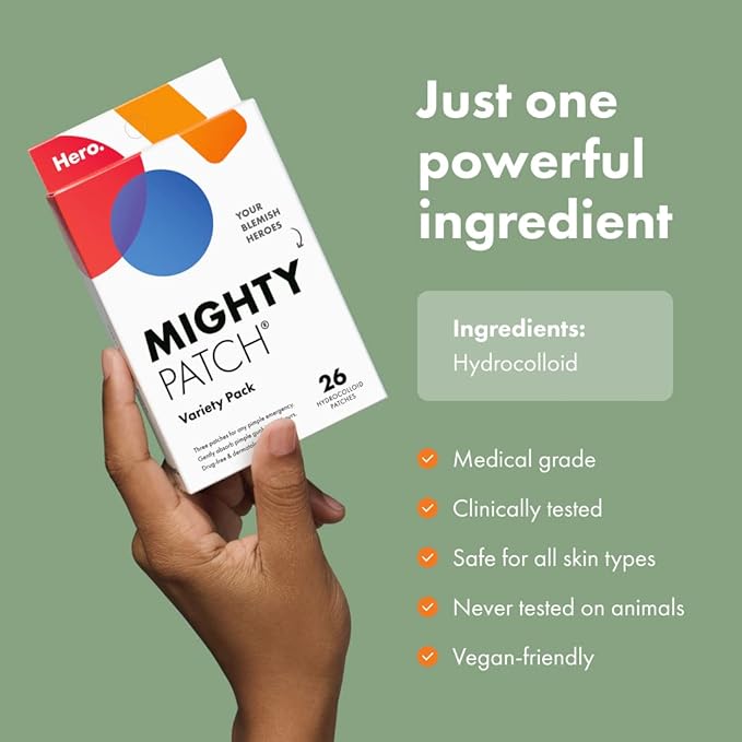 Mighty Patch™ Variety Pack from Hero Cosmetics - Hydrocolloid Acne Pimple Patches for Covering Zits and Blemishes, Spot Stickers for Face and Skin, Korean Skin Care, 26 ct-Velvo Beauty