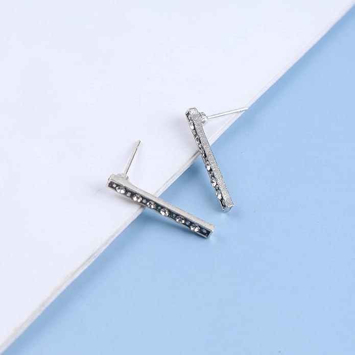 Geometric Crystal Bar Earrings Silver Cz Bar Stick Earrings Cz Rhinestone Bar Stud Earrings Silver Minimalist Earrings Jewelry for Women and Girls-Velvo Beauty