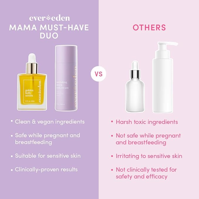 Evereden Mama DUO w/t Gua Sha - Golden Belly Stretch Mark Oil & Nourishing Stretch Mark Cream - Dermatologist-Developed Clean & Vegan Maternity Skin Care for Skin Hydration-Velvo Beauty