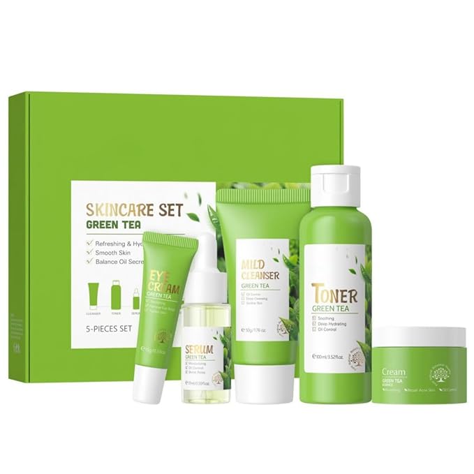 Skin Care Set, Green Tea Skin Care Sets & Kits, Skin Care for Teenage Girls Gift Set with Cleanser, Toner, Serum, Eye Cream, Facial Cream, Facial Skin Care Sets & Kits for Teenage Girls Women-Velvo Beauty