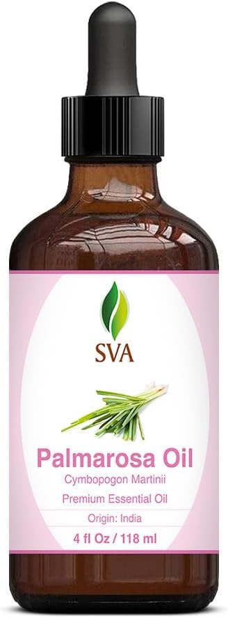 SVA Palmarosa Essential Oil – 4 Fl Oz – 100% Natural Palmarosa Oil - for Diffuser, Hair Care, Face, Skin Care, Aromatherapy, Scalp and Body Massage, Soap and Candle Making – with Dropper-Velvo Beauty