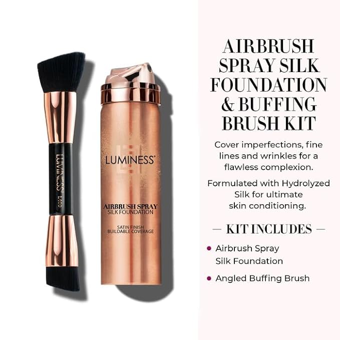LUMINESS Silk Airbrush Spray Foundation & Buffing Brush Kit – Full Coverage Foundation & Dual-Sided Buffing Brush - Buildable Coverage, Anti-Aging Formula Hydrates & Moisturizes (Shade - Rich)-Velvo Beauty