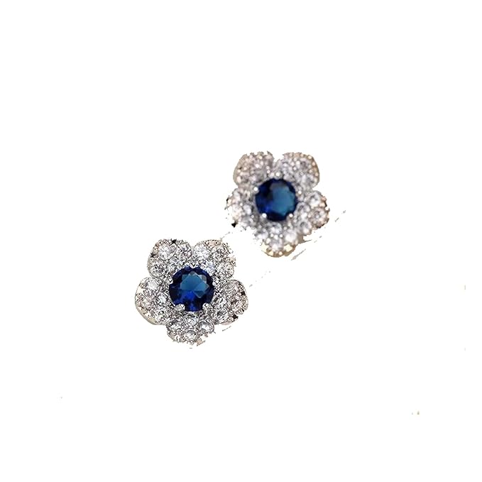 Boho CZ Flower Studs Earrings Silver Crystal Earrings Blue Flower Earrings Studs Wedding Earrings Jewelry for Women and Girls-Velvo Beauty