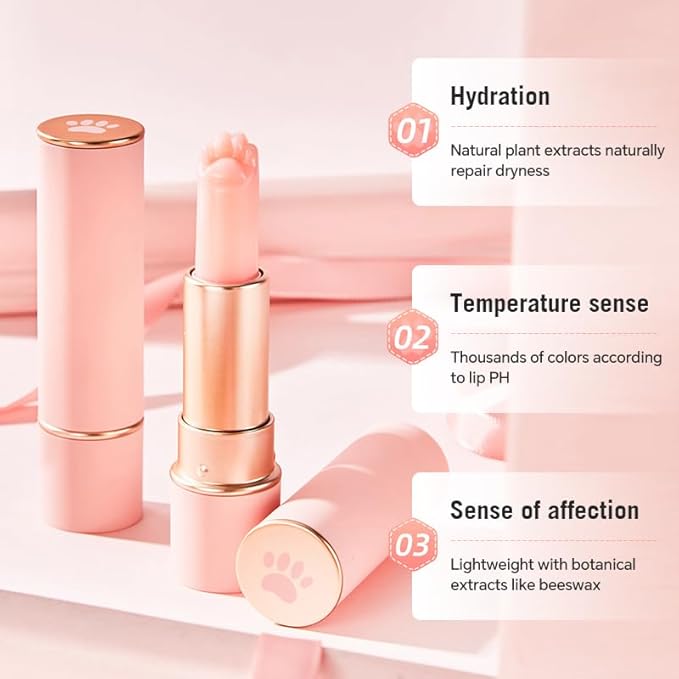 2PCS Thermochromic Lip Balm,Cat Paw Shaped Color Changing Lip Balm, Mini Cute Moisturizing Lip Balm, Long Lasting Lip Balm for Dry Lips Temperature Change Fruit Jelly Lipstick for Female Student-Velvo Beauty