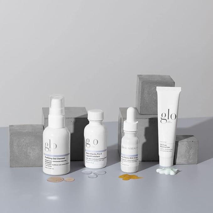 Glo Skin Beauty Clarify + Balance Skincare Set for Breakout Prone Skin - Mini Purifying Gel Cleanser, Mini Oil Free Moisturizer, Mini Beta-Clarity BHA Drops, Mini Beta-Clarity Pro 5 Liquid Exfoliant-Velvo Beauty