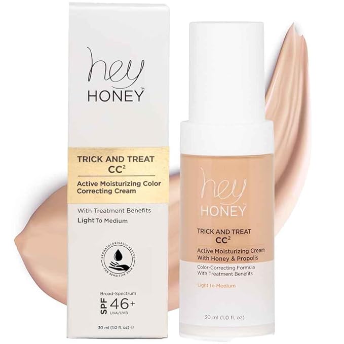 Hey Honey Trick and Treat CC Cream SPF 46 | Active Moisturizing Color Correcting Cream with Honey & Propolis | Best Cover For Rosacea, Skin Redness & Mature Skin | Cruelty-Free | 1 oz (Light-Medium)-Velvo Beauty
