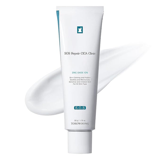 SOS Repair CICA Clinic Zinc Cream, 100,000ppm Zinc Oxide, Heal, Soothe Acne, Redness, Rosacea Treatment, Skin Barrier Repair, Moisture, Non-Comedogenic, Korean Skin care, 50g, 1.76 oz.-Velvo Beauty