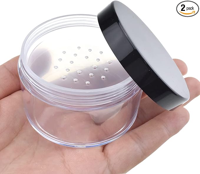 HAHIYO 2Pcs 50ml/1.69oz Plastic Empty Travel Powder Container Large Loose Powder Compact Case Makeup Cosmetic Jar Refillable Powder Box No Leak Powder Holder with Common Sifter and Black Screw Lid-Velvo Beauty