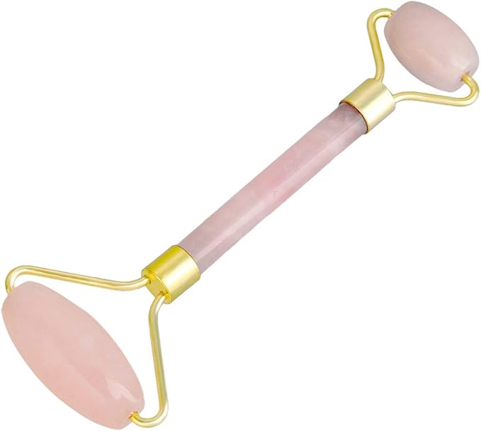 Rockcloud Natural Crystal Stone Roller Massager Double Neck Face & Neck Massage Therapy Anti-Aging Wrinkle Healing Slimming Skincare Tool,Rose Quartz-Velvo Beauty