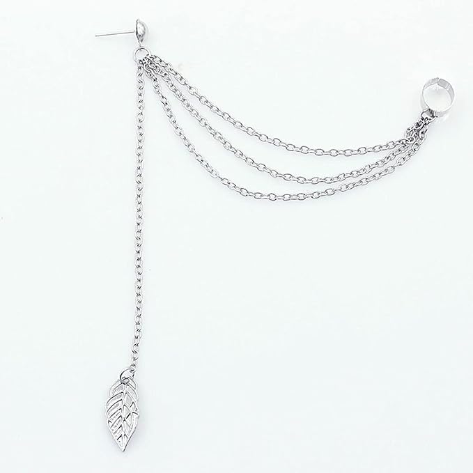 Boho Leaf Cuff Chain Earrings Silver Dangle Chain Earrings Cartilage Helix Earrings Cuff Helix to Lobe Chain Earrings Jewelry for Women and Girls-Velvo Beauty