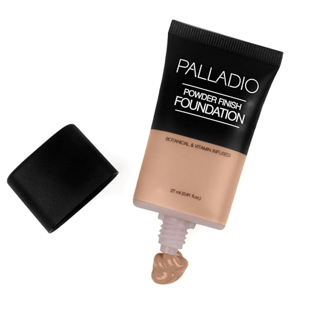 Palladio Powder Finish Liquid Foundation, Natural Matte Appearance, Reduces Fine Lines, Covers Large Pores, Hides Imperfections, All Day Wear, Sheer to Medium Coverage, In the Buff-Velvo Beauty