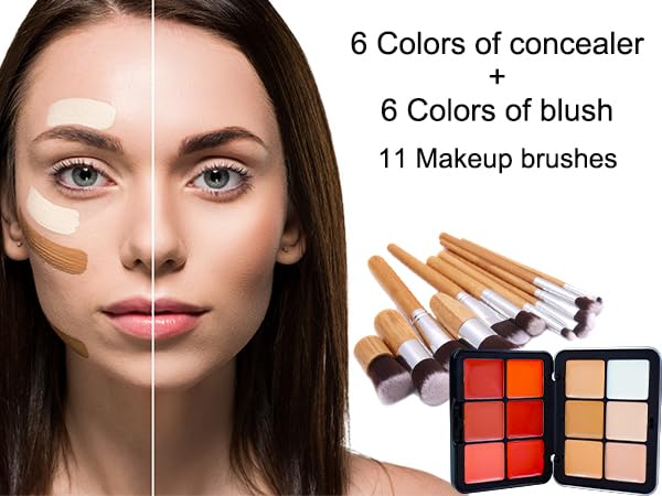 Cream Concealer Palette/Blush Palette Kit, 2 In One Blendable Blush Concealer Contour Set with 11 Pcs Complete Makeup Brush and Storage Bag, High Impact Buildable Color, Vegan & Cruelty Free-Velvo Beauty