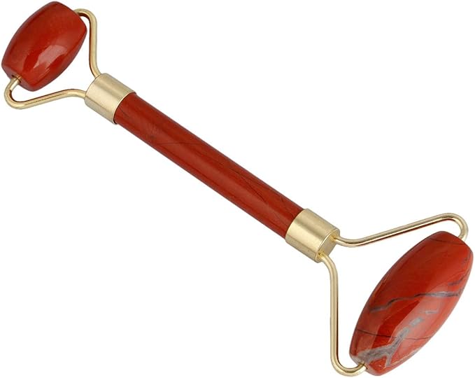 Rockcloud Natural Crystal Stone Roller Massager Double Neck Face & Neck Massage Therapy Anti-Aging Wrinkle Healing Slimming Skincare Tool,Red Jasper-Velvo Beauty