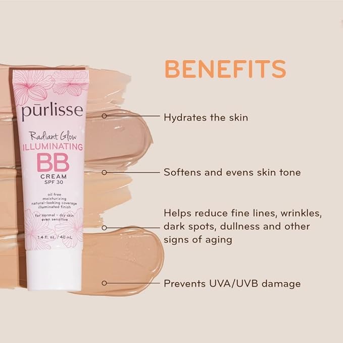 pūrlisse Radiant Glow Illuminating BB Cream with SPF 30 - Glow BB Cream Enriched with Goji & Hawthorn Berry for Dewy Skin - Helps to Improve Skin Texture & Radiance - Deep (1.4 oz)-Velvo Beauty