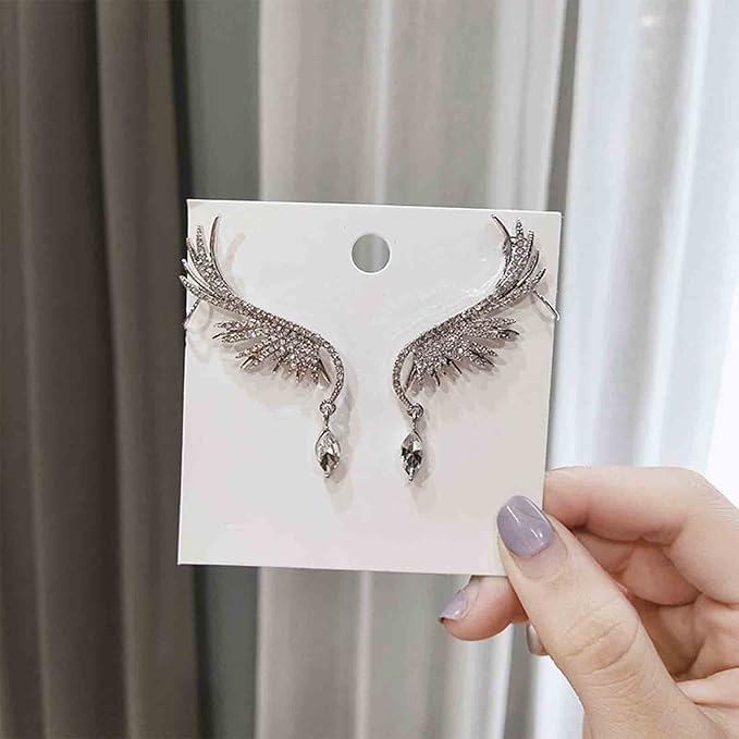 Boho Crystal Angel Wing Earrings Silver Rhinestone Wing Earrings Cz Crystal Ear Climber Earrings Guardian Wing Clip on Earrings Jewelry for Women and Girls Gifts-Velvo Beauty
