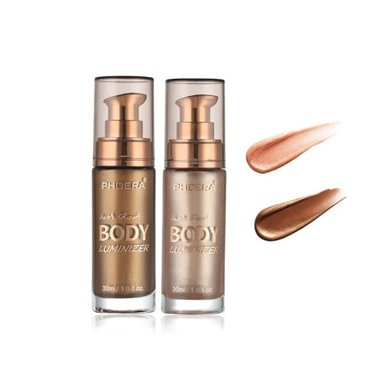 2 Pack PHOERA Body Luminizer, High Gloss Waterproof Body Luminizer Glitter Face Shimmer Moisturizer Lotion Tan Cream Foundation Makeup Bronzer(101 Rose Gold+103 Glistering Bronze)-Velvo Beauty