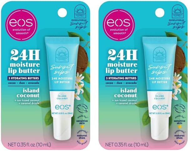 eos Sunset Sips Lip Butter Tube- Island Coconut, 24-Hour Moisture, Overnight Lip Mask, Lip Care Products, 0.35 fl oz (Pack of 2)-Velvo Beauty