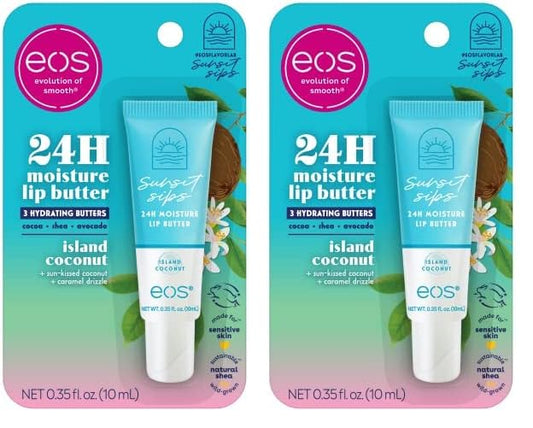 eos Sunset Sips Lip Butter Tube- Island Coconut, 24-Hour Moisture, Overnight Lip Mask, Lip Care Products, 0.35 fl oz (Pack of 2)-Velvo Beauty
