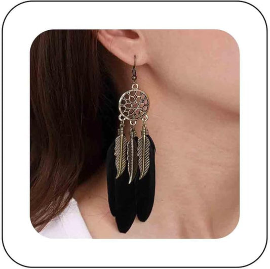 Boho Black Feather Dangle Earrings Long Feather Tassel Earrings Vintage Tribal Feather Earrings Gold Feather Drop Earrings Jewelry for Women-Velvo Beauty