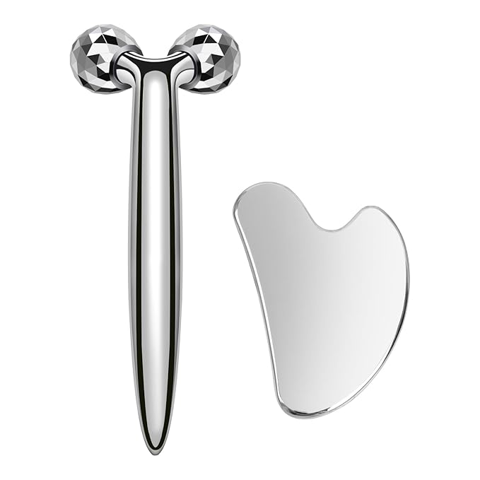 3D Gua Sha Facial Tools Metal Face Roller Stainless Steel Gua Sha Set Cooling Massage Tools for Reduce Puffiness, Firm Skin, Anti-Aging Care - Daily Facial Sculpting Gift for Women-Velvo Beauty