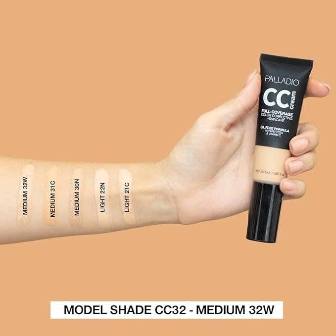 Palladio Full-Coverage Color Correction CC Cream, Oil-Free with Peptides & Vitamin C, Best for Correcting Redness and Uneven Skin Tone, Buildable Foundation Coverage (Med 31C)-Velvo Beauty