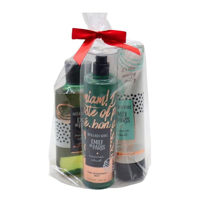 Bath & Body Works Emily in Paris MACARON CLOUD 3pc Bundle Gift Set with a Red Bow for Holidays - Mist, Body Cream, Shower Gel - Full Size-Velvo Beauty