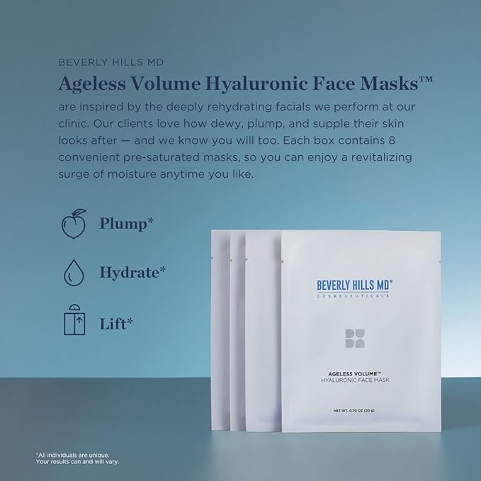 Ageless Volume Hyaluronic Face Mask- Reduce Appearance of Wrinkles, Anti Aging Formula for Plump, Moisturized Skin- 8 Pack- Hydrating & Firming Gentle Sheet Mask-Velvo Beauty