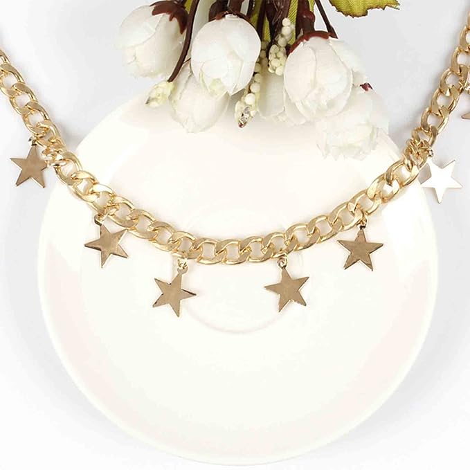 Boho Star Dangle Choker Necklace Gold Chunky Curb Chain Necklace Punk Thick Chain Choker Necklace Minimal Short Chain Necklace Jewelry for Women and Girls-Velvo Beauty