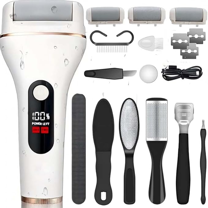 Electric Foot Callus Remover, Portable Electric Foot File with 15 in 1 Professional Pedicure Kits,Rechargeable Pedicure Tools for Foot Care, Waterproof Remover Cracked Feet & Dead Skin, Gift (White)-Velvo Beauty