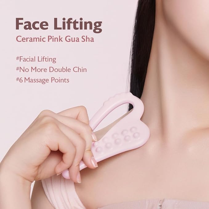 MILKTOUCH Face Lifting Ceramic Pink Gua Sha - Double Chin Lift, Muscle Relief Massage Tool for Face and Body, Korean Self Care Gua Sha-Velvo Beauty