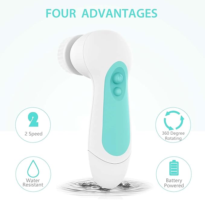 Waterproof Facial Cleansing Spin Brush Set with 5 Exfoliating Brush Heads - Electric Face Scrubber Cleanser Brush by CLSEVXY - Face Brush for Gentle Exfoliation and Deep Scrubbing-Velvo Beauty