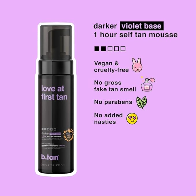 b.tan Violet Self Tanner Mousse Bundle | Love At First Tan - Best, 1 Hour Express Sunless Tanning Foam, Cancels Orange Tones, Dark Bronzing Glow, No Fake Tan Smell, Face & Body, 6.7 Fl Oz, Pack of 2-Velvo Beauty