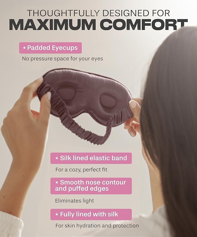 SUNDAYSILKS™ 3D Contoured Silk Sleep Mask | Padded Silk Eye Mask with Eye Cups for Lash Extensions | Blackout, Organic for Women & Men, Perfect for Travel, Slip-Free Deep Sleeping, Antifaz para Dormir-Velvo Beauty