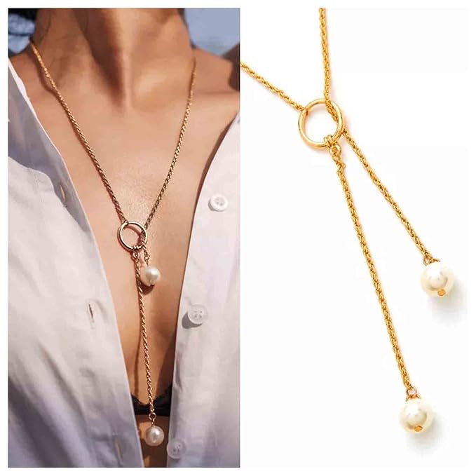 Boho Pearl Lariat Necklace Gold Chunky Chain Y Necklace Pearl Tassel Necklace Long Necklaces for Women and Girls Prom Bridal Necklace Jewelry-Velvo Beauty