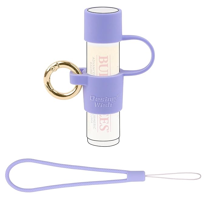 Desing Wish Silicone Lip Balm Holder with Cap Cover Portable Chapstick Holder Keychain Sleeve Lip Balm Key Chain with Key Ring and Wrist Strap Lanyard - Purple-Velvo Beauty