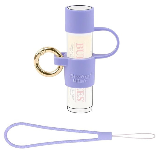 Desing Wish Silicone Lip Balm Holder with Cap Cover Portable Chapstick Holder Keychain Sleeve Lip Balm Key Chain with Key Ring and Wrist Strap Lanyard - Purple-Velvo Beauty