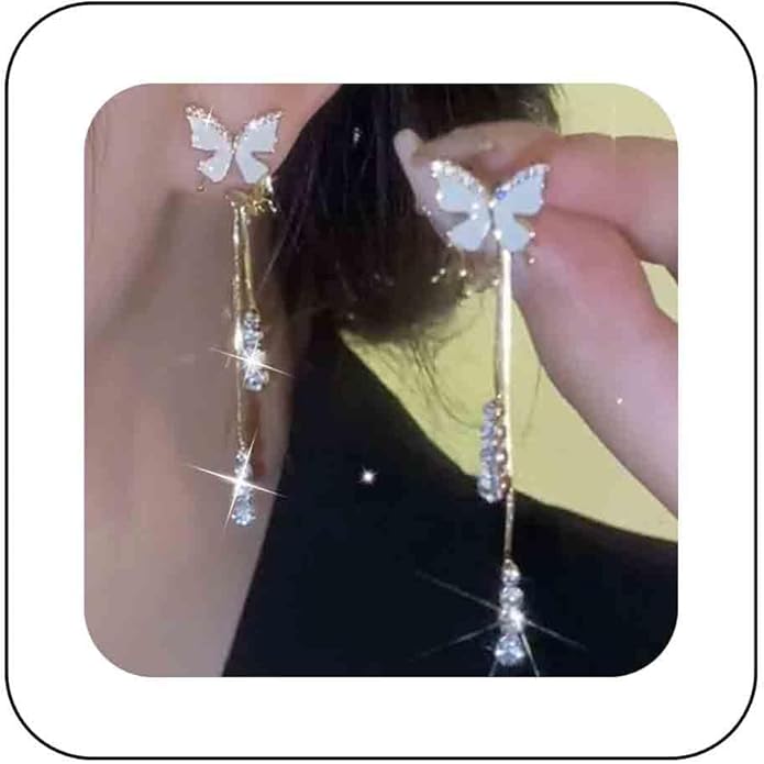 Vintage Crystal Butterfly Earrings Long Rhinestone Dangle Earrings Gold Chain Tassel Earrings Cz Butterfly Stud Earrings Jewelry for Women-Velvo Beauty