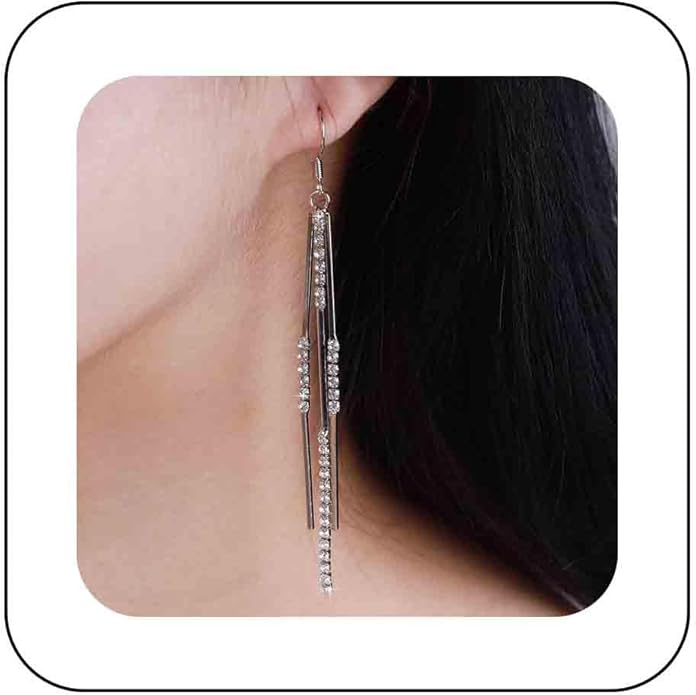 Vintage Crystal Tassel Earrings Rhinestone Bar Drop Earrings Long Rhinestone Chain Earrings Gold Cz Bar Hook Earrings Sparkle Tennis Chain Earrings Jewelry for Women-Velvo Beauty