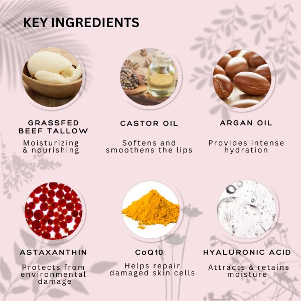 Tallow Lip Balm - Anti-Aging with 100%-grassfed Beef Tallow, CoQ10, Astaxanthin, Hyaluronic acid - Ultra Moisturizing, Conditioning, All natural, Organic, Made in USA (Peony)-Velvo Beauty