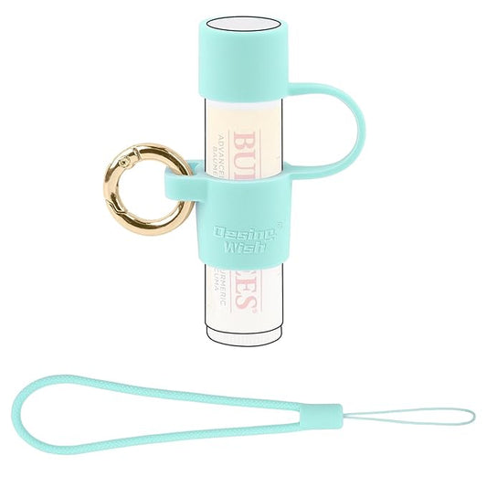 Desing Wish Silicone Lip Balm Holder with Cap Cover Portable Chapstick Holder Keychain Sleeve Lip Balm Key Chain with Key Ring and Wrist Strap Lanyard - Mint Green-Velvo Beauty