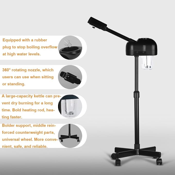 Stand Professional Ozone Facial Steamer with Touch Control, Hot Mist Function, Adjustable Height & Rolling Base, 360° Rotatable Nozzle, Use for Home, Salon SPA (Black)-Velvo Beauty