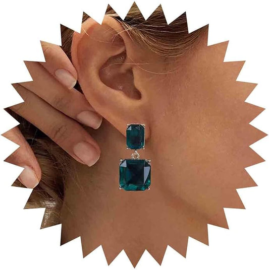 Vintage Emerald Square Earrings Green Emerald Drop Earrings Geometric Emerald Earrings Luxury Wedding Green Crystal Stud Earrings Jewelry for Women-Velvo Beauty
